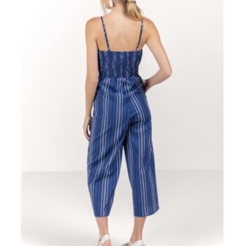 Harper Heritage Blue Linen Striped Jumpsuit Large Wide Leg - Picture 2 of 4
